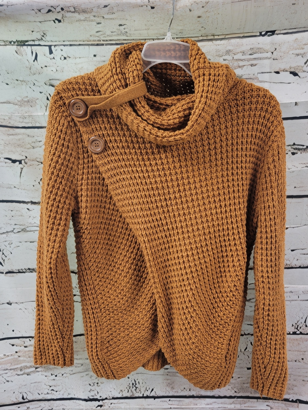 Zenana Cowl Neck Sweater Size M Mustard Brown Chunky Knit Cozy Boho Fall